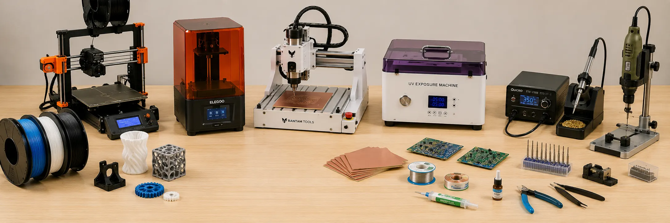 Imprimantes 3D, fraiseuse CNC, station de soudage et outillage de prototypage, avec bobines de filament et plaques de circuit