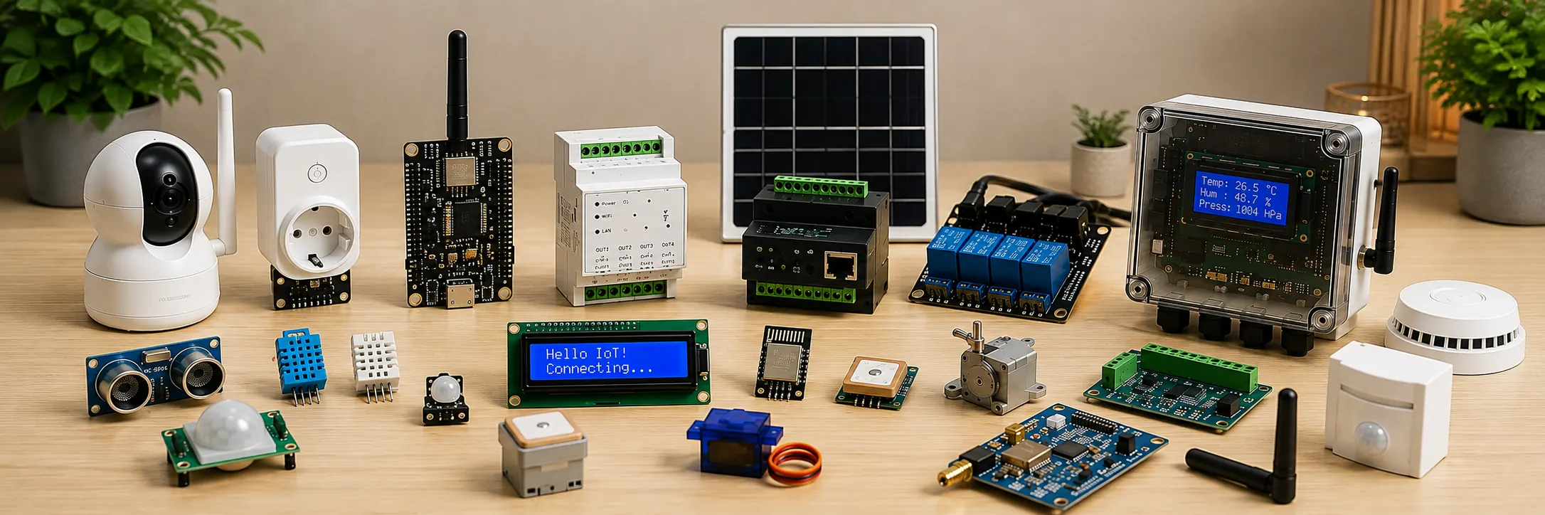 Caméra connectée, prise intelligente, passerelle, panneau solaire et capteurs pour objets connectés