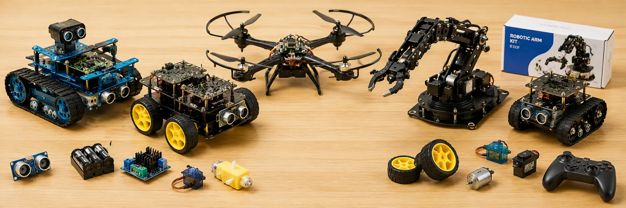 Bras robotisé, drone, robot à chenilles et robot mobile à quatre roues, avec moteurs, servomoteurs et roues