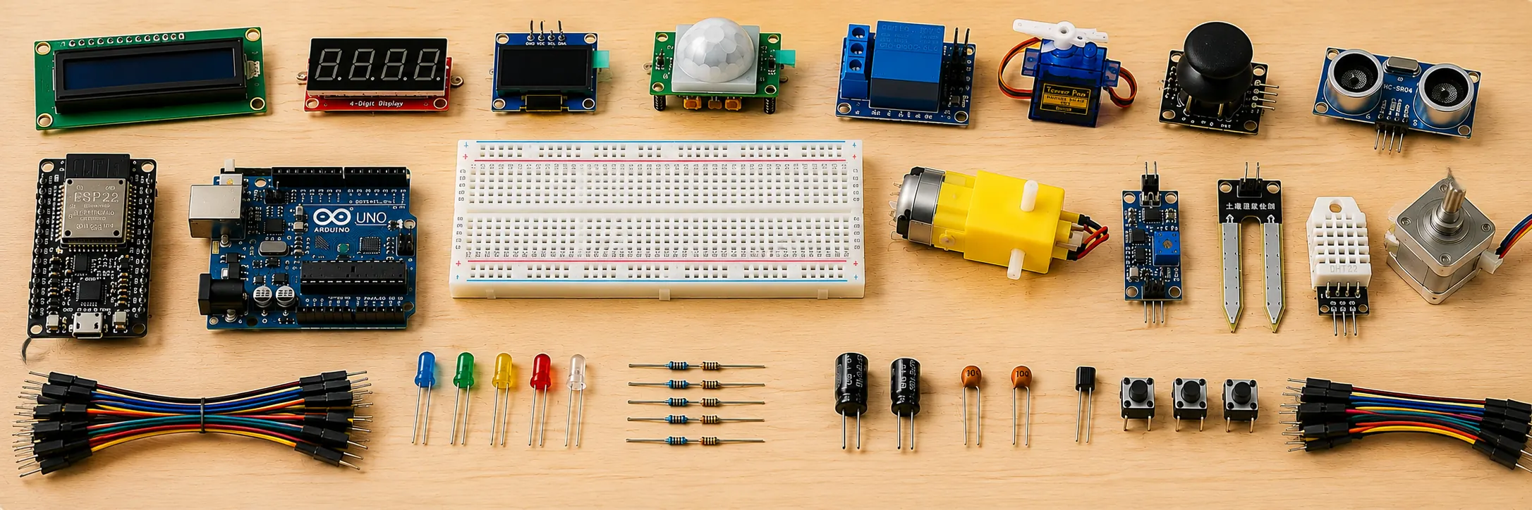 Cartes Arduino UNO et ESP32, breadboard, capteurs et composants disposés sur un plan de travail